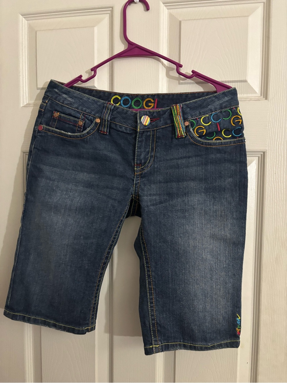 COOGI Dark Blue Denim Bermuda Shorts with Multicolor Logo Trim